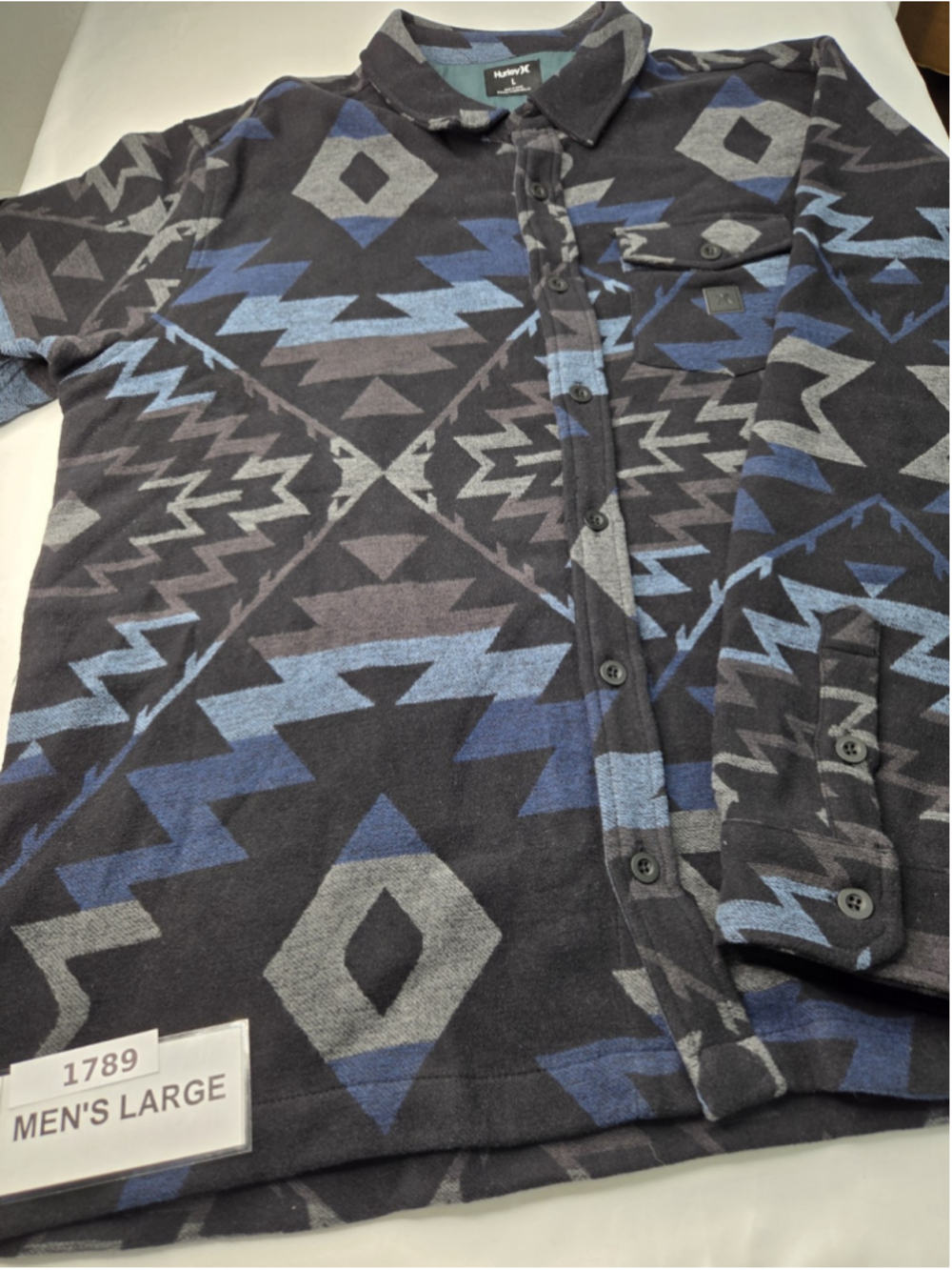 Hurley Santa Cruz Jacquard Men’s Large Long Sleeve Shirt Black Blue NWT #1789